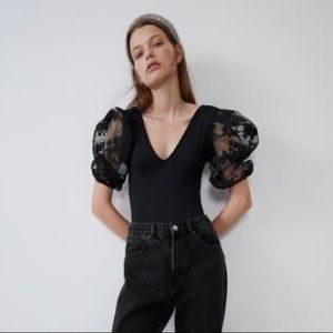 Zara Black Bodysuit With Sheer Puff Sleeve